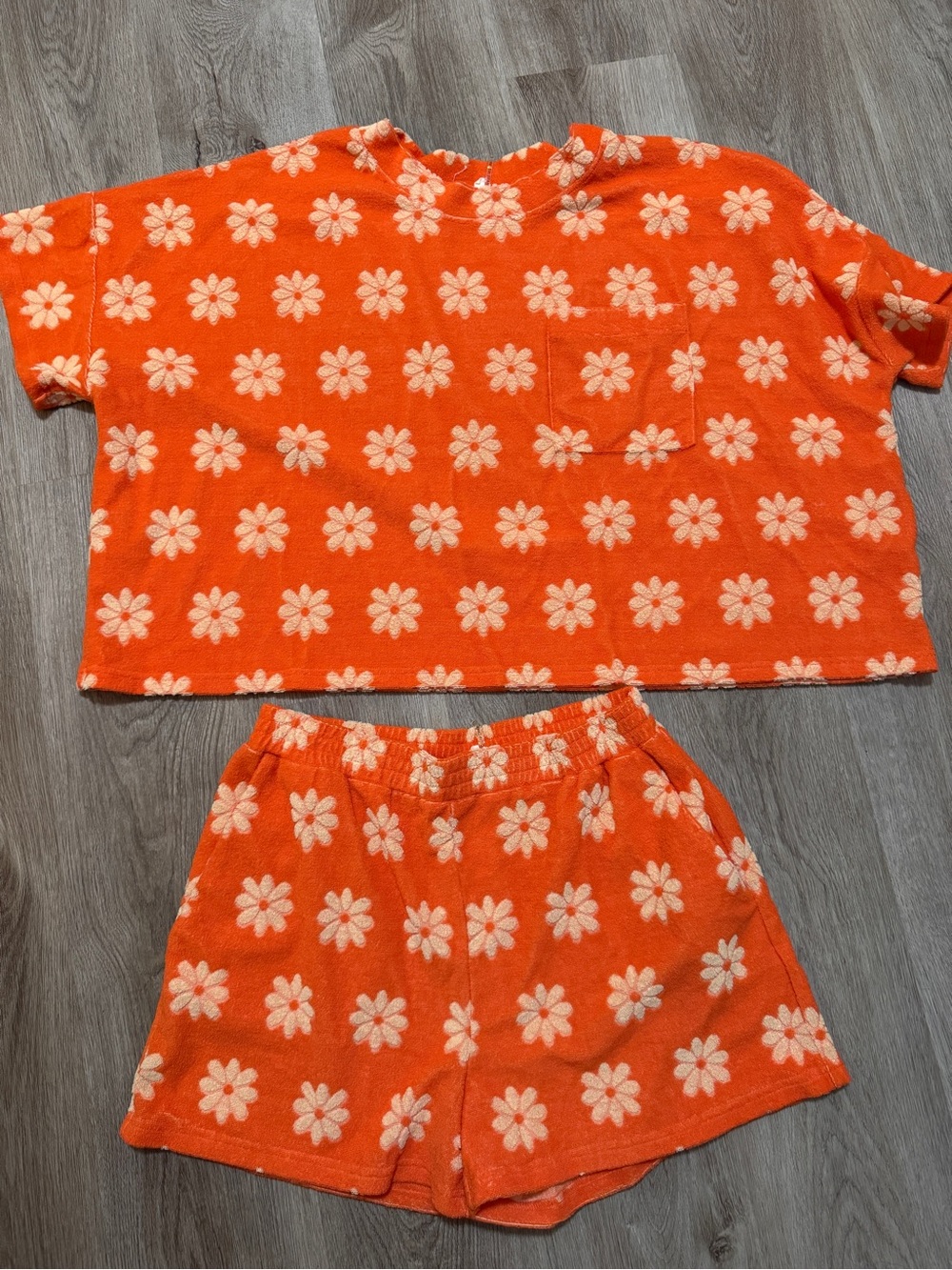 Entro Terry Cloth Daisy Flower Orange Two Piece Matching Set Summer Lounge Large
